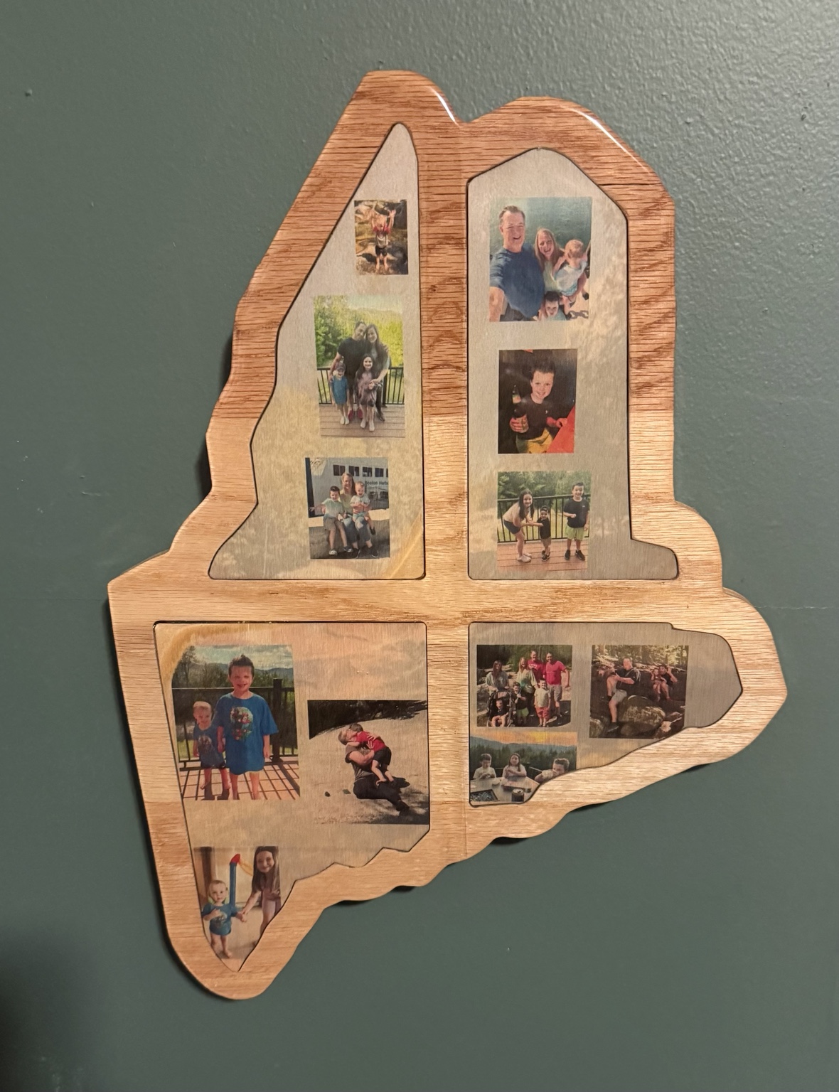 Maine-shaped CNC-carved memory plaque with epoxy photo panels